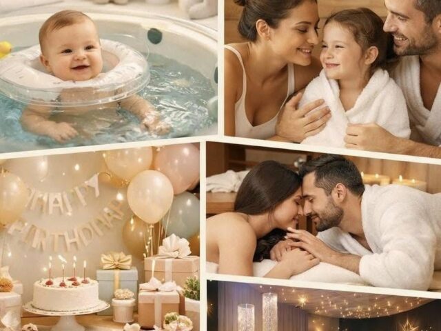 Pêle-mêle illustrant les services du spa à Caudry : baby spa, spa privatif pour couple et famille, salle Snoezelen et formules anniversaire.